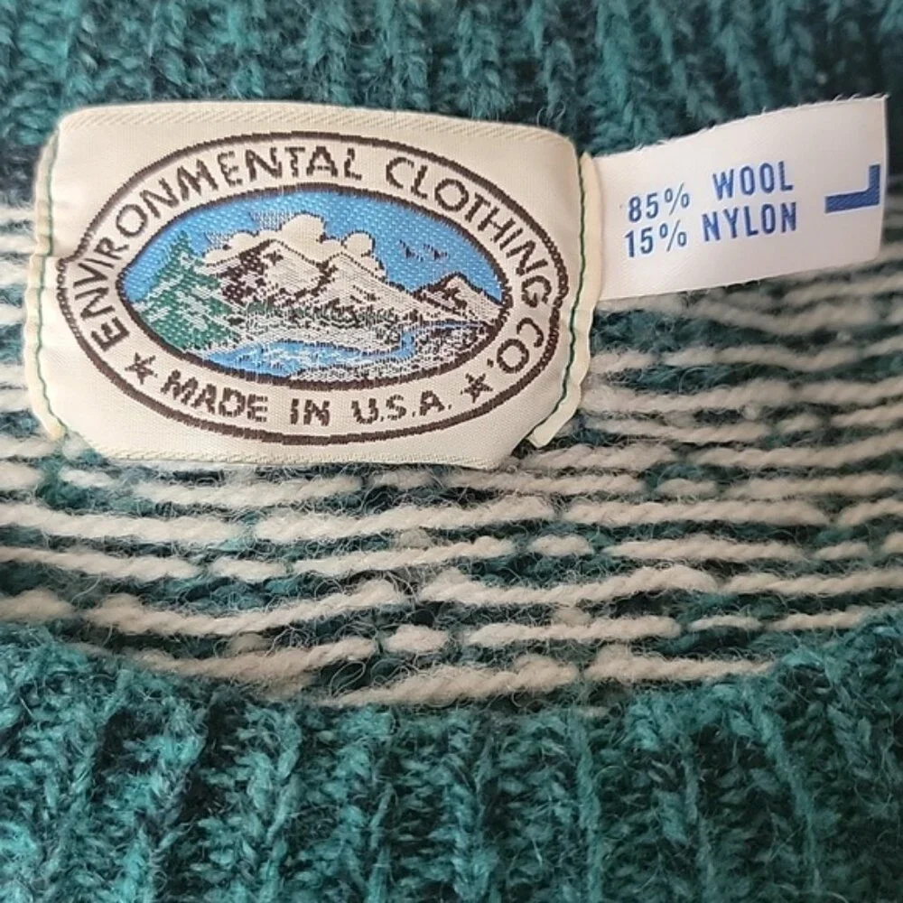 ENVIROMENTAL‎ CLOTHING CO. VTG Green White Wool Blend Boho Crewneck Sweater L